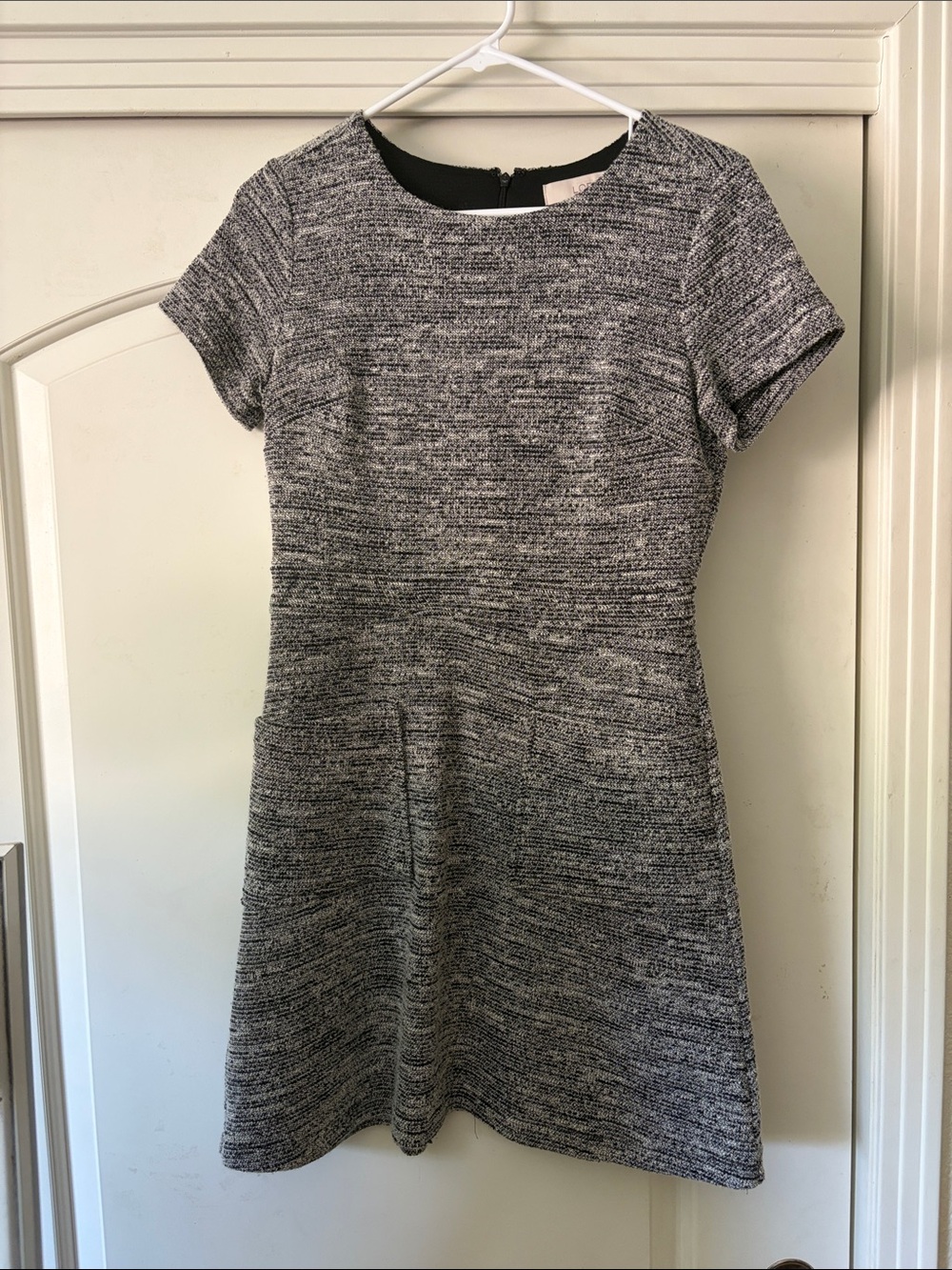 LOFT Black and White Tweed-Look A-Line Mini Dress